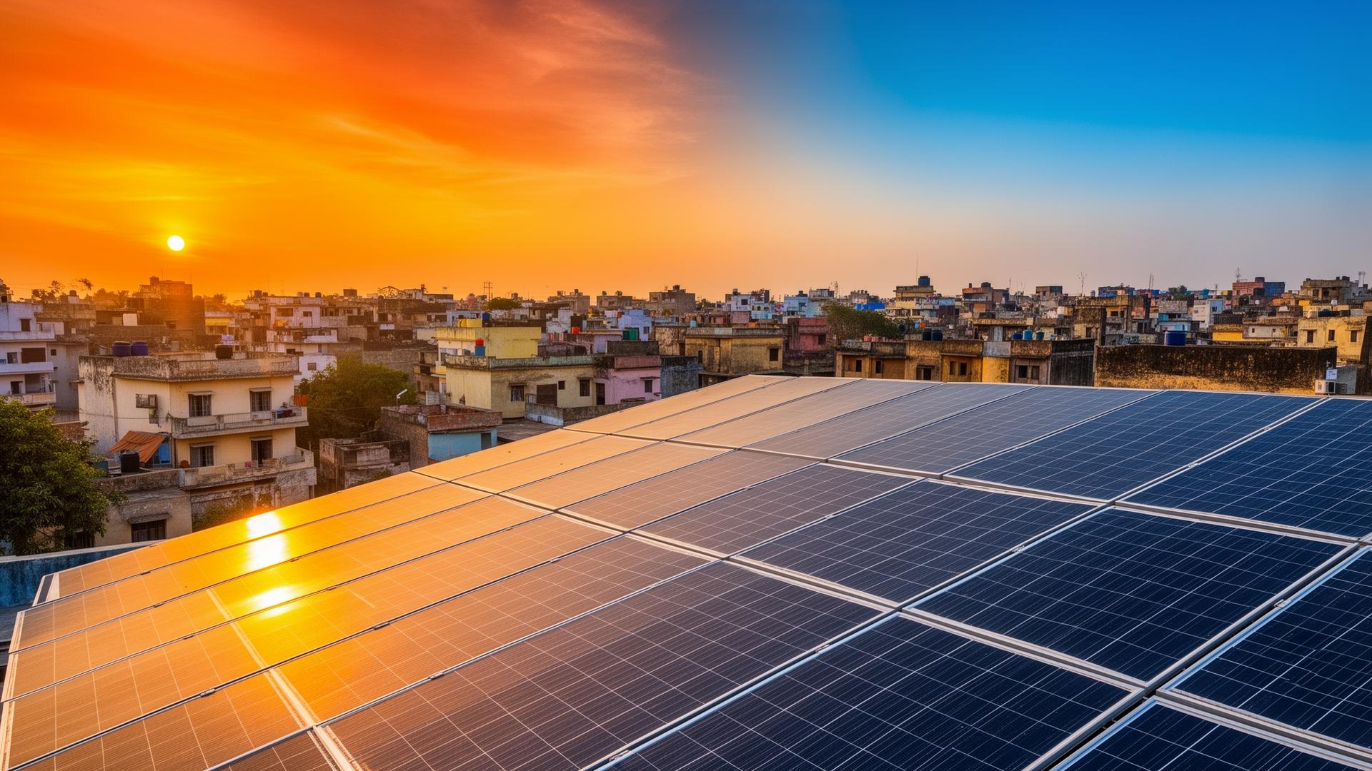 Solar panels at sunrise over Delhi NCR